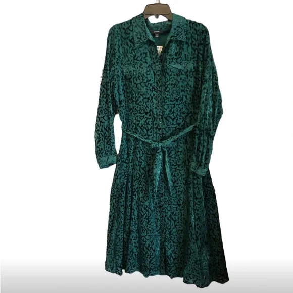 Alfani Velvet Burnout Belted Shirtdress Emerald Size 14 - Picture 2 of 2